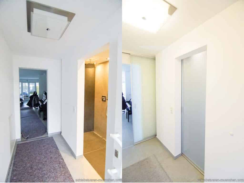 Vorher Nachher Bild einer maßgefertigten dicht schließenden platzsparenden Bad Schiebetüre mit Milchglas Füllung von Door360 München