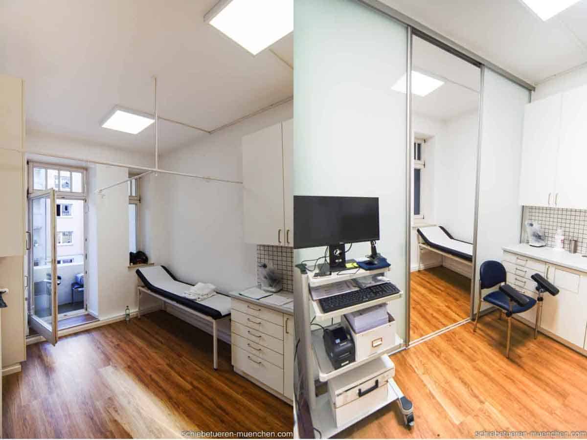 Vorher Nachher Bild eines Raumhohen Raumteilers in einer Arztpraxis zur Abtrennung der Behandlungszimmer mit Schiebetüren aus München