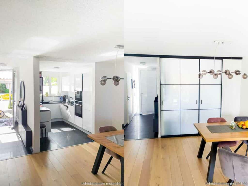 Vorher Nachher Bilder eines offenen Wohnbereichs. Raumteiler mit Schiebetüren schwarzer Rahmen und Sprossen. Füllung Milchglas. Loftstyle von Door360 München