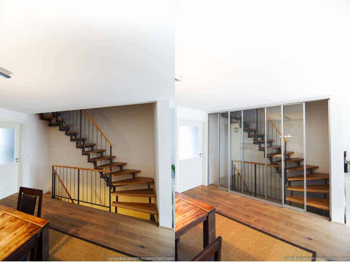 Vorher Nachher Bild eines Wohnbereiches in einem Einfamilienhaus: Einmal mit und einmal ohne Abtrennung des Treppenhauses mit Schiebetüren