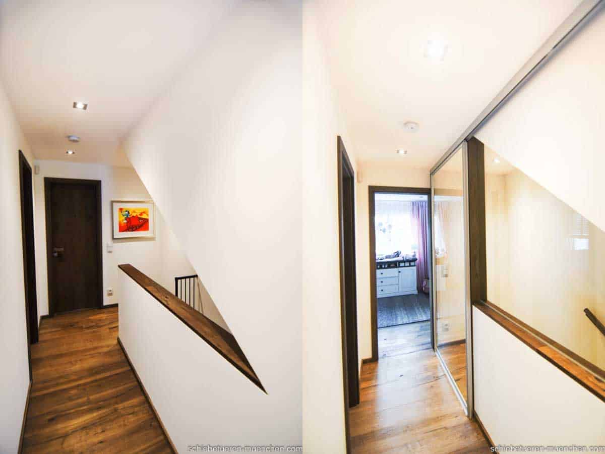 Vorher Nachher Bild: Treppenaufgang mit einer Treppenschräge wird mit Hilfe von Schiebtüren und Festverglasung abgetrennt. Door360 München